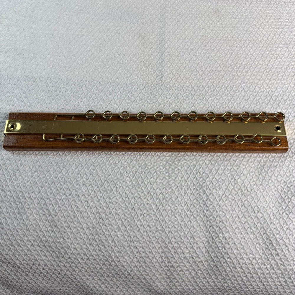 Vintage Wood and Brass Wall Mounted Tie Belt Rack 20 Swing Hooks Organizer MCM